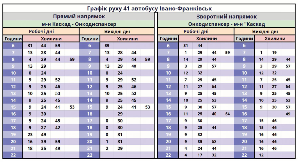 Автобус №41 в Івано-Франківську: Розклад, схема, вартість